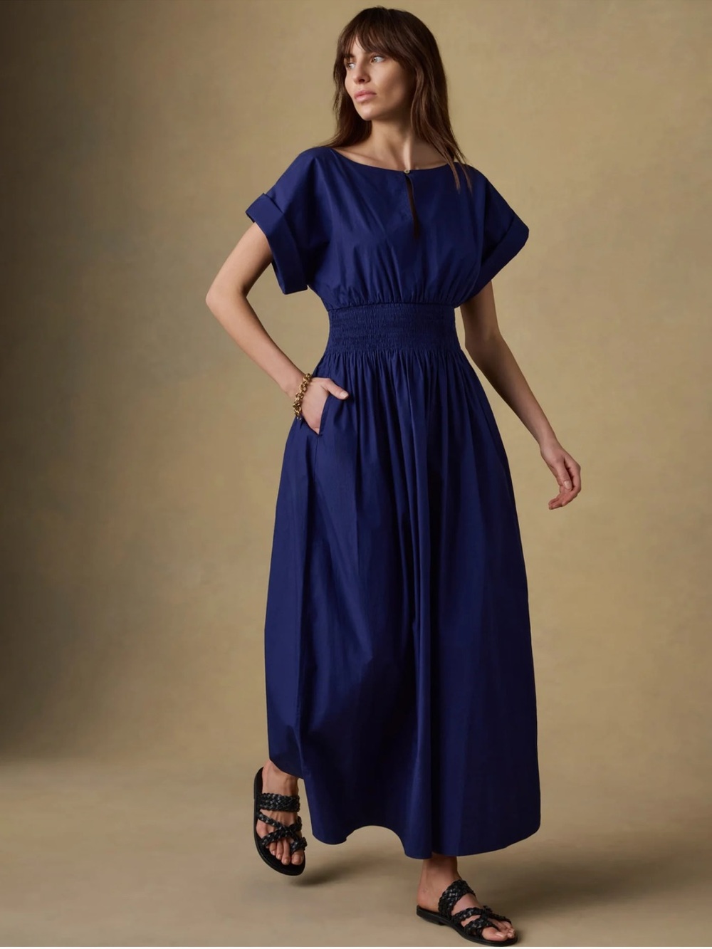Faherty Coastal Poplin Elia Navy Blue Smocked Dress New!